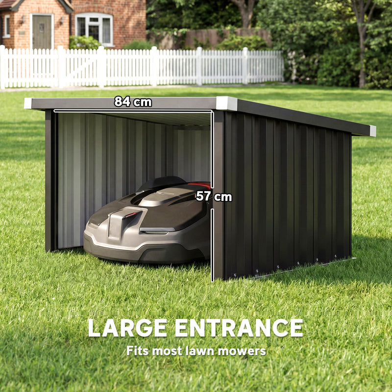 Robot mower garage showing the large entrance with 84 cm and 57 cm labels
