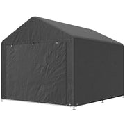 Rear corner view of the closed dark grey shed with zipped side panel