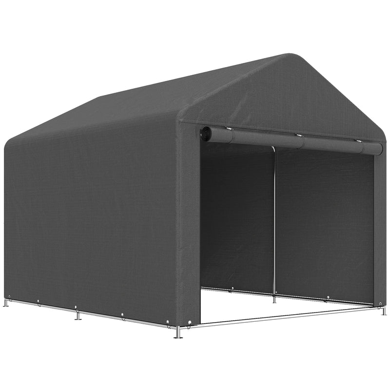 Dark grey 6.6x7.8ft garden storage shed tent with open front on a white background