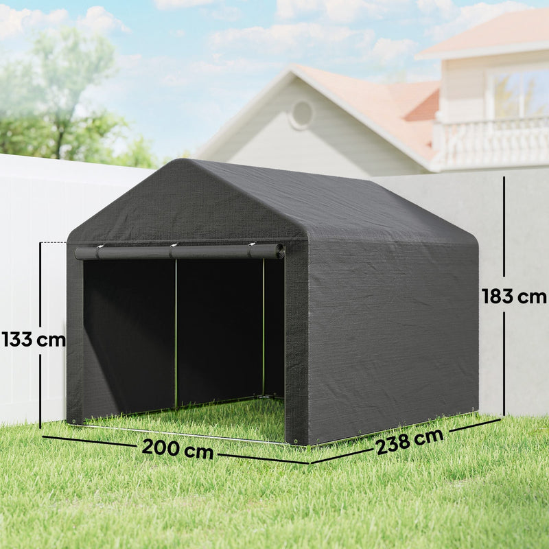 Dark grey shed dimensions diagram showing 200cm wide, 238cm deep, 183cm high and 133cm eaves