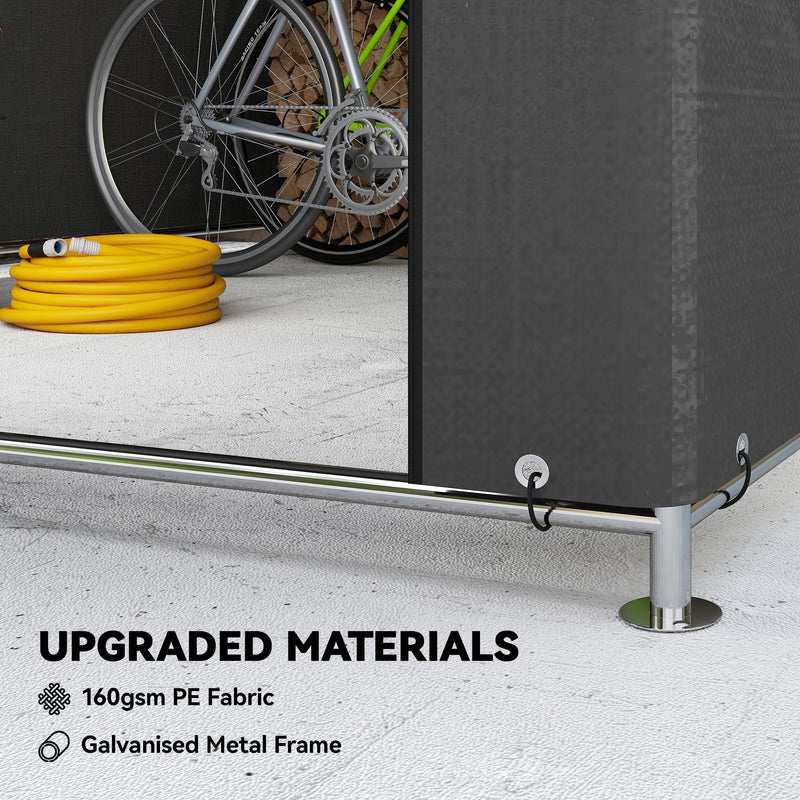 Close-up of the galvanised metal frame foot and PE fabric cover, with a bicycle and hose inside