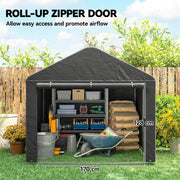 Roll-up zipper door open showing a 170cm wide by 128cm high entrance, with firewood and tools inside