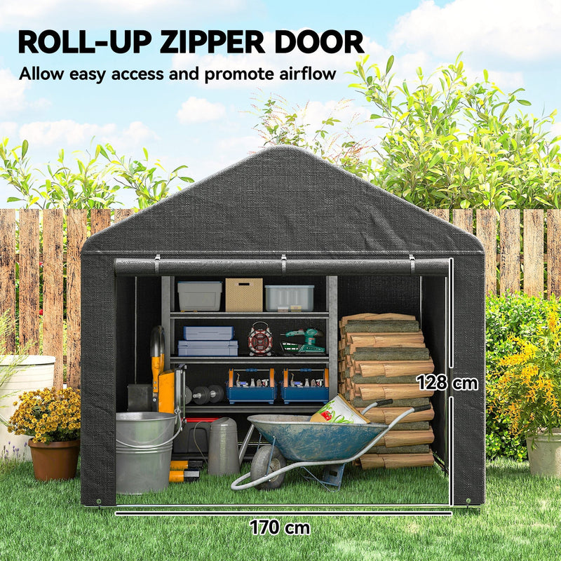 Roll-up zipper door open showing a 170cm wide by 128cm high entrance, with firewood and tools inside