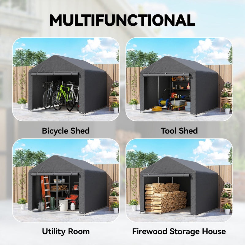 Four uses of the shed shown as a bicycle shed, tool shed, utility room and firewood store