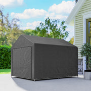 Side view of the closed dark grey shed on a paved area beside a house