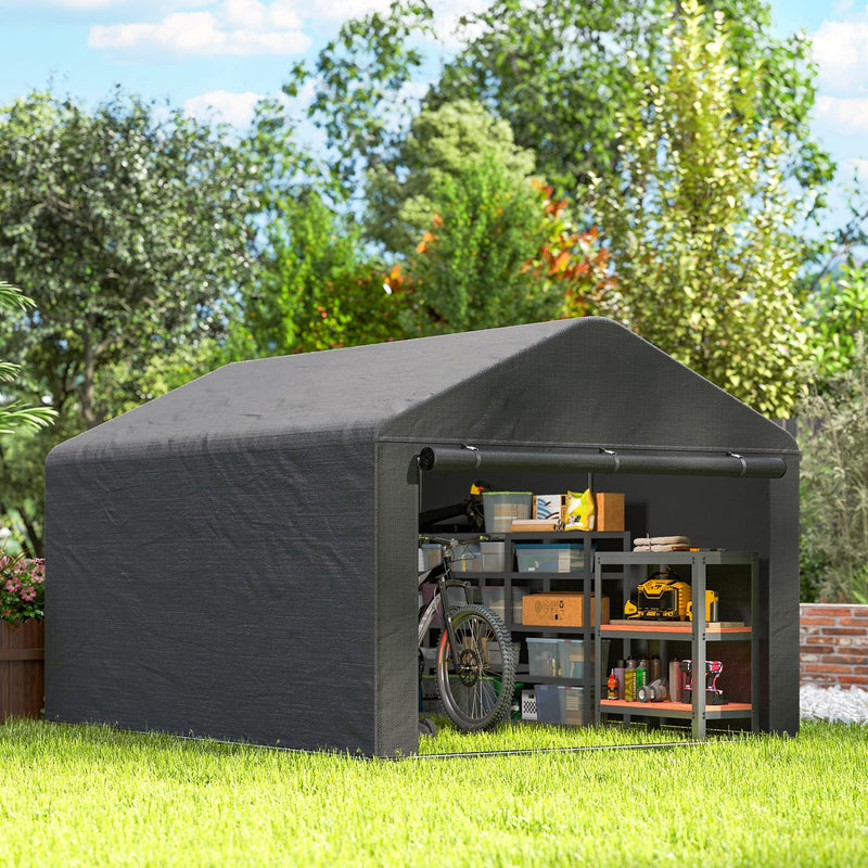Dark grey shed on a lawn with a bicycle and shelving full of boxes visible inside
