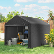 Dark grey shed in a garden with a watering can, wheelbarrow and shelves inside