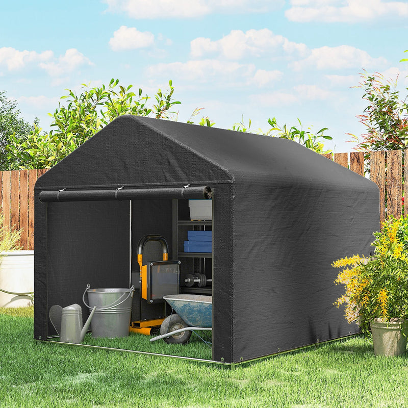 Dark grey shed in a garden with a watering can, wheelbarrow and shelves inside
