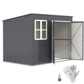 Dark grey 8x6ft Outsunny metal garden shed on a white background with one door open, a padlock and work gloves