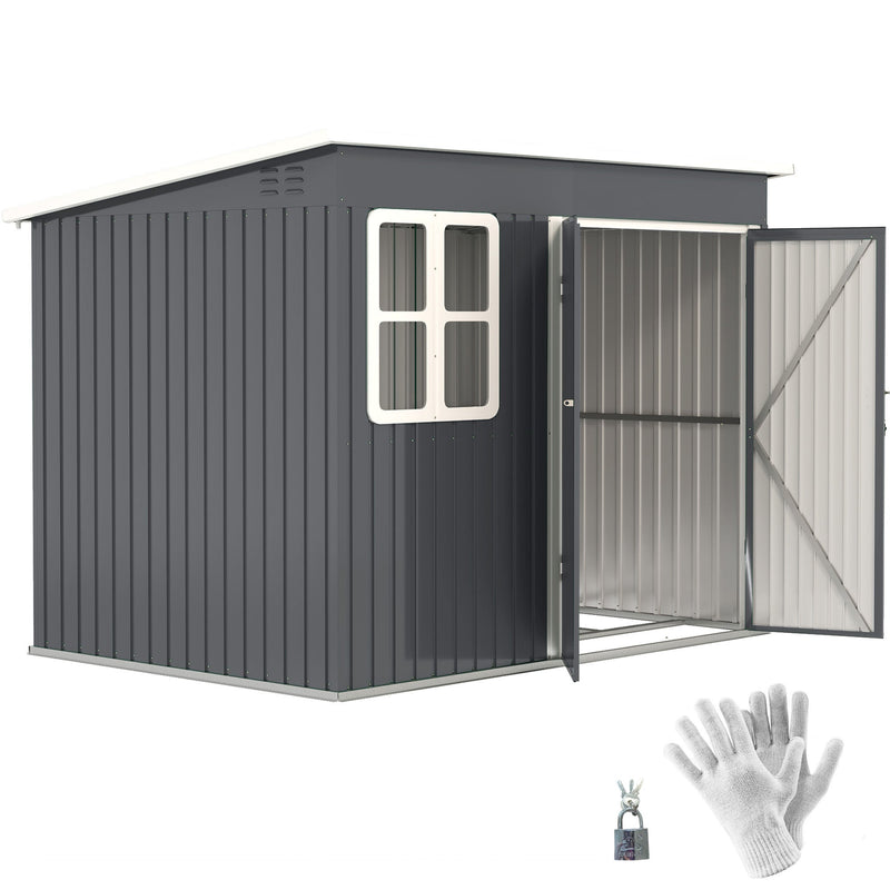 Dark grey 8x6ft Outsunny metal garden shed on a white background with one door open, a padlock and work gloves