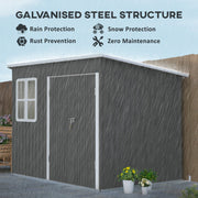 Feature panel showing the galvanised steel shed in heavy rain with rain, snow and rust protection icons