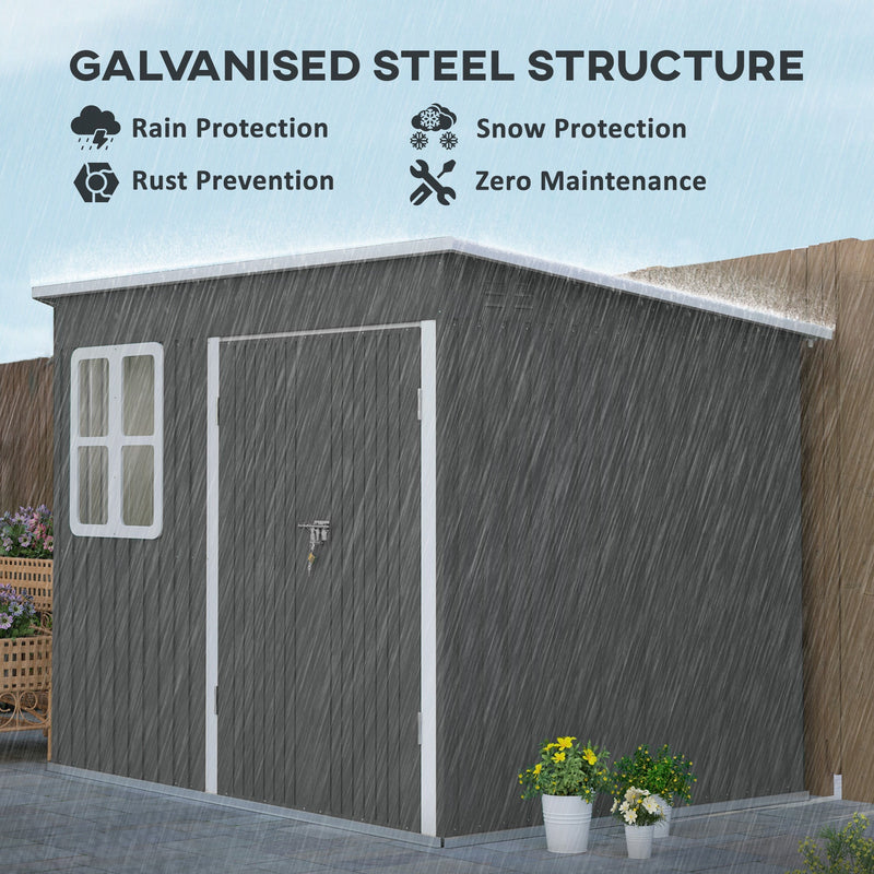 Feature panel showing the galvanised steel shed in heavy rain with rain, snow and rust protection icons