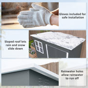 Three panels showing the included gloves, snow sliding off the sloped pent roof, and the rainwater run-off holes