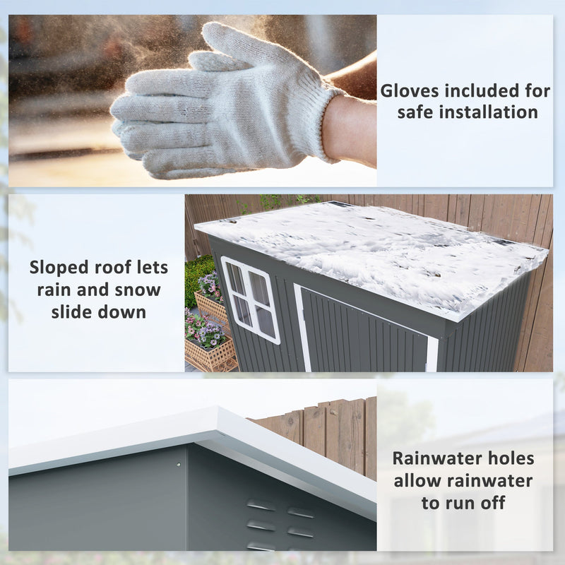 Three panels showing the included gloves, snow sliding off the sloped pent roof, and the rainwater run-off holes
