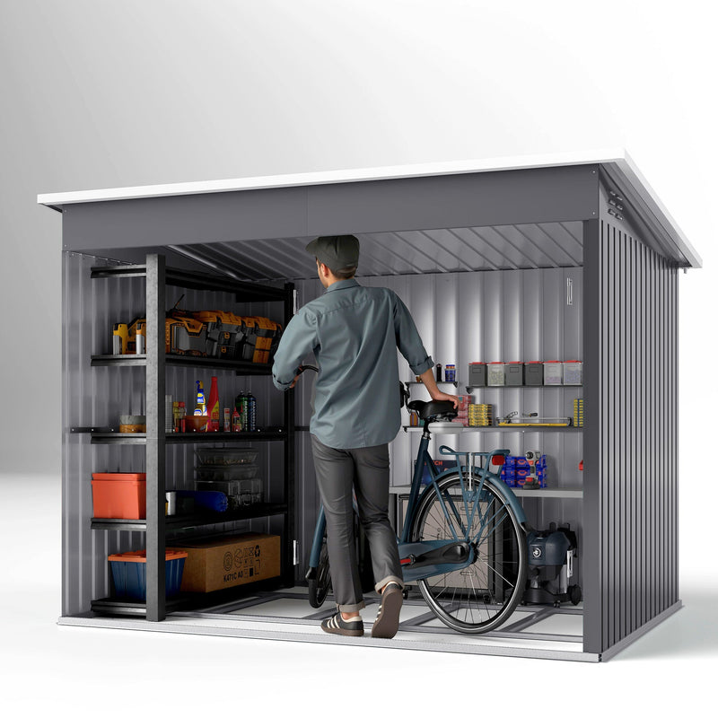 Cutaway studio view of the shed interior with a person, a bike and shelving units showing the storage space