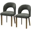 Set of 2 dark grey chenille dining chairs with open backs and rubberwood legs on a white background