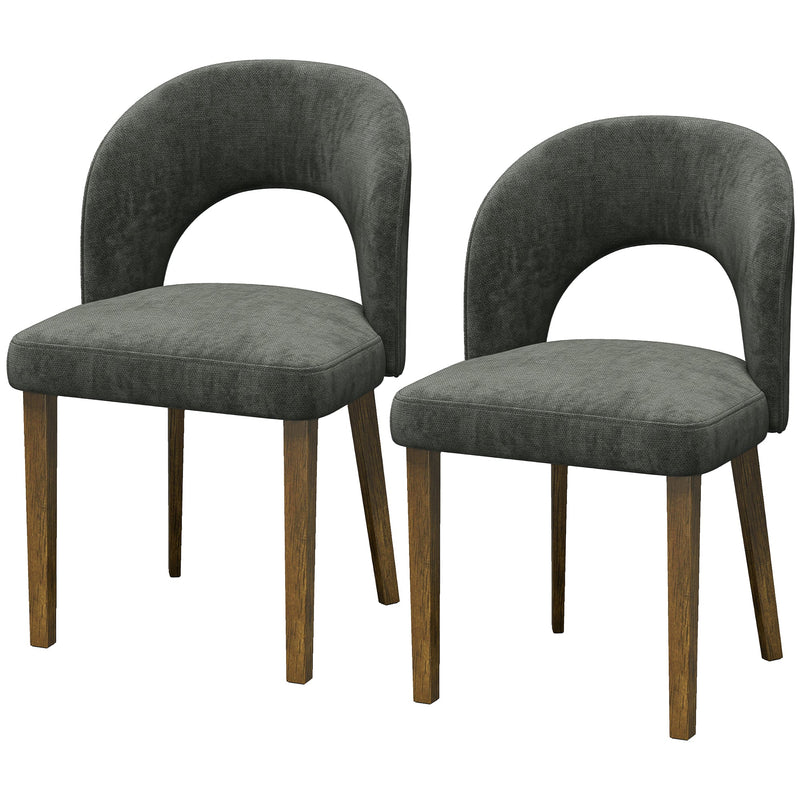Set of 2 dark grey chenille dining chairs with open backs and rubberwood legs on a white background