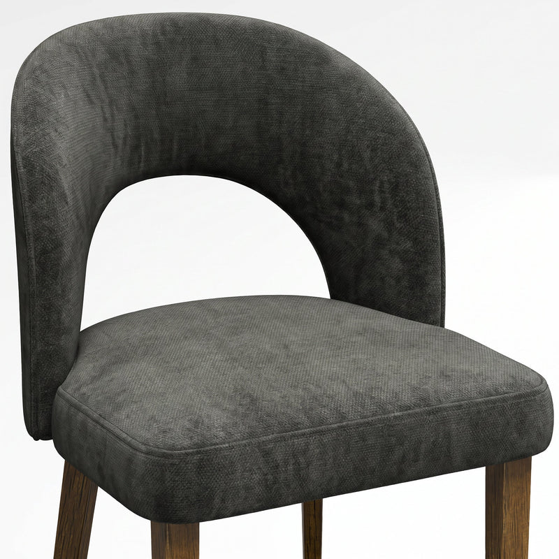 Close-up of the dark grey chenille seat and open back with rubberwood leg
