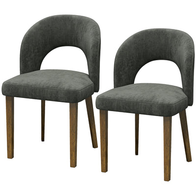 Set of 2 dark grey chenille dining chairs with open backs and rubberwood legs on a white background