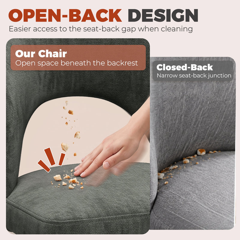 Open back gap on a dark grey dining chair for easy crumb cleaning