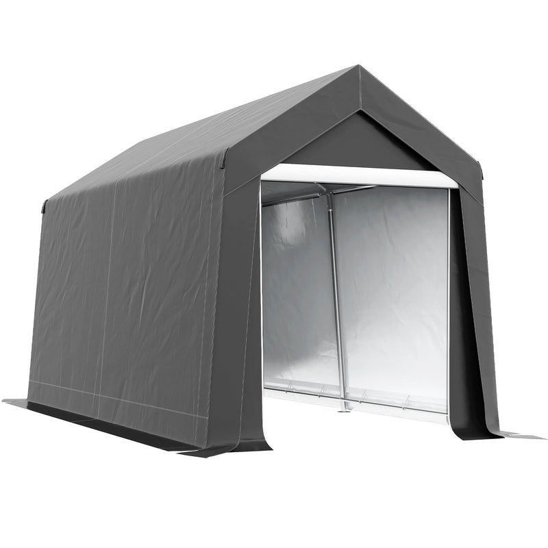Dark grey Outsunny portable storage shed tent, long narrow shape with the door unzipped, studio shot