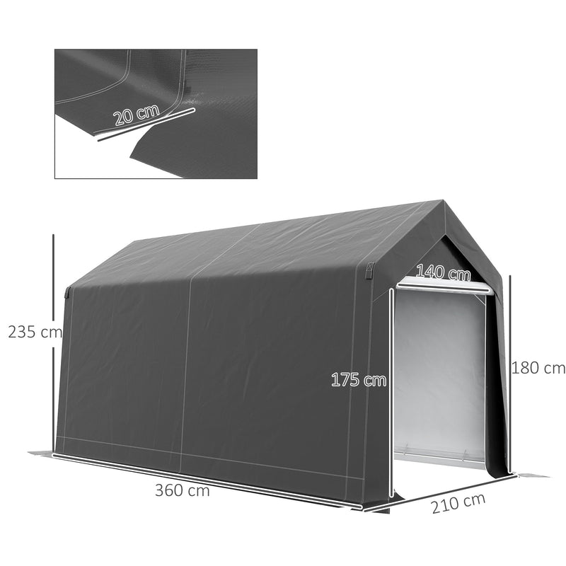 Dimension diagram showing 360cm depth, 210cm width, 235cm ridge height, 180cm eaves and a 140 x 175cm door