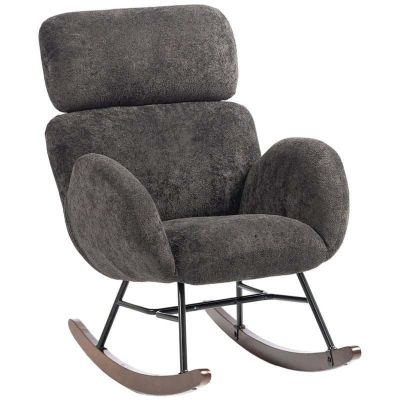 HOMCOM dark grey raindrop velvet rocking chair with adjustable headrest and rubberwood rockers