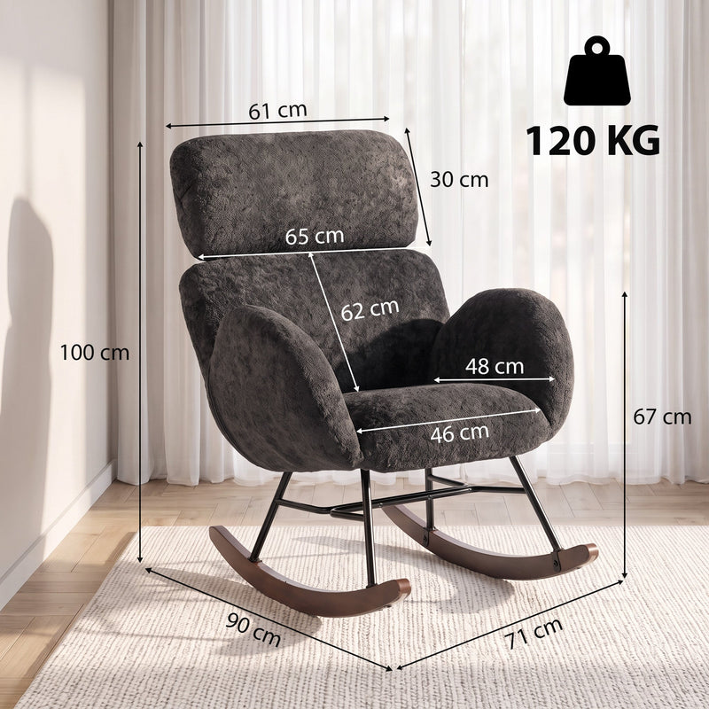 Dimension diagram showing the rocking chair's width, depth, height, seat and back measurements