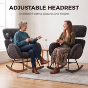 Two women chatting while seated in matching dark grey rocking chairs with headrests raised
