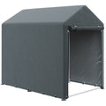 Dark grey Outsunny portable storage shed tent with the zipped front door partly open, studio shot