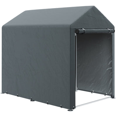 Dark grey Outsunny portable storage shed tent with the zipped front door partly open, studio shot