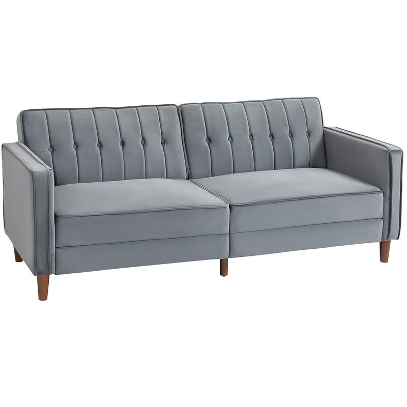 Homcom dark grey velvet three seater sofa bed, side profile studio shot