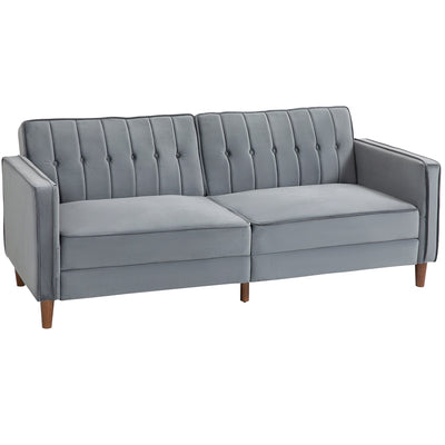 Homcom dark grey velvet three seater sofa bed, side profile studio shot