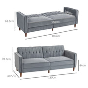 Dimension diagram showing sofa mode 189W x 80.5D x 78.5H cm and bed mode 189W x 104D x 62.5H cm