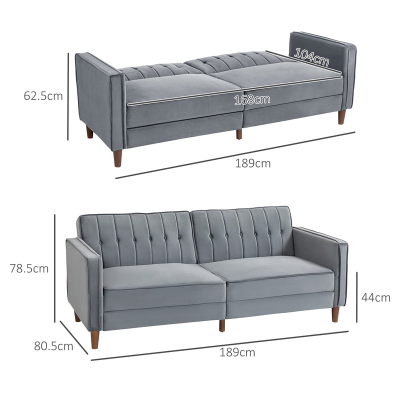 Dimension diagram showing sofa mode 189W x 80.5D x 78.5H cm and bed mode 189W x 104D x 62.5H cm