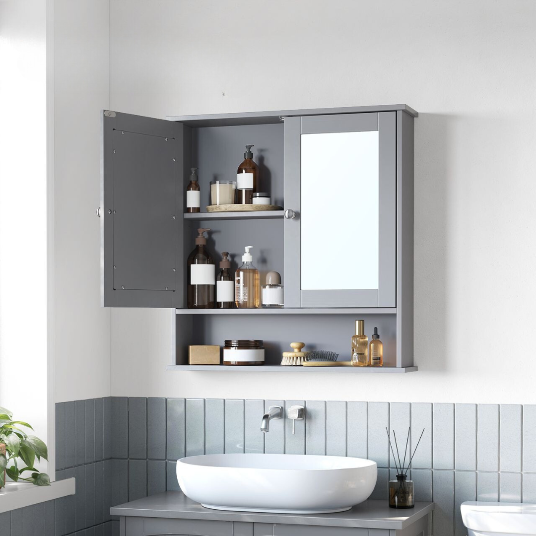 dark grey mirrored bathroom wall cabinet with open shelf