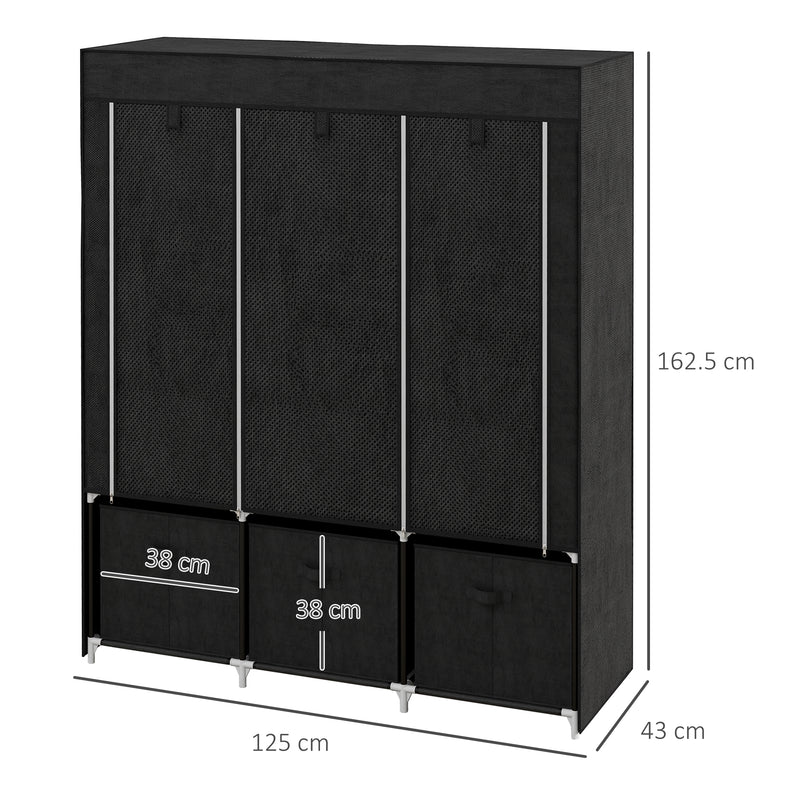 Fabric Wardrobe with Hanging Rails and Shelves for Compact Bedroom Storage Black