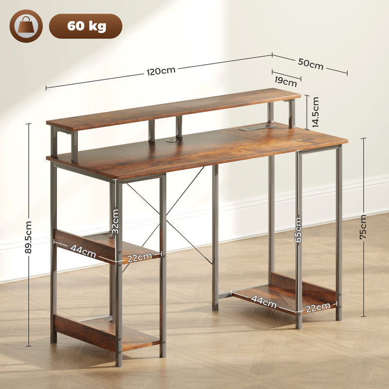 Rustic Brown Computer Desk with LED Lights and Power Outlets 120cm by HOMCOM