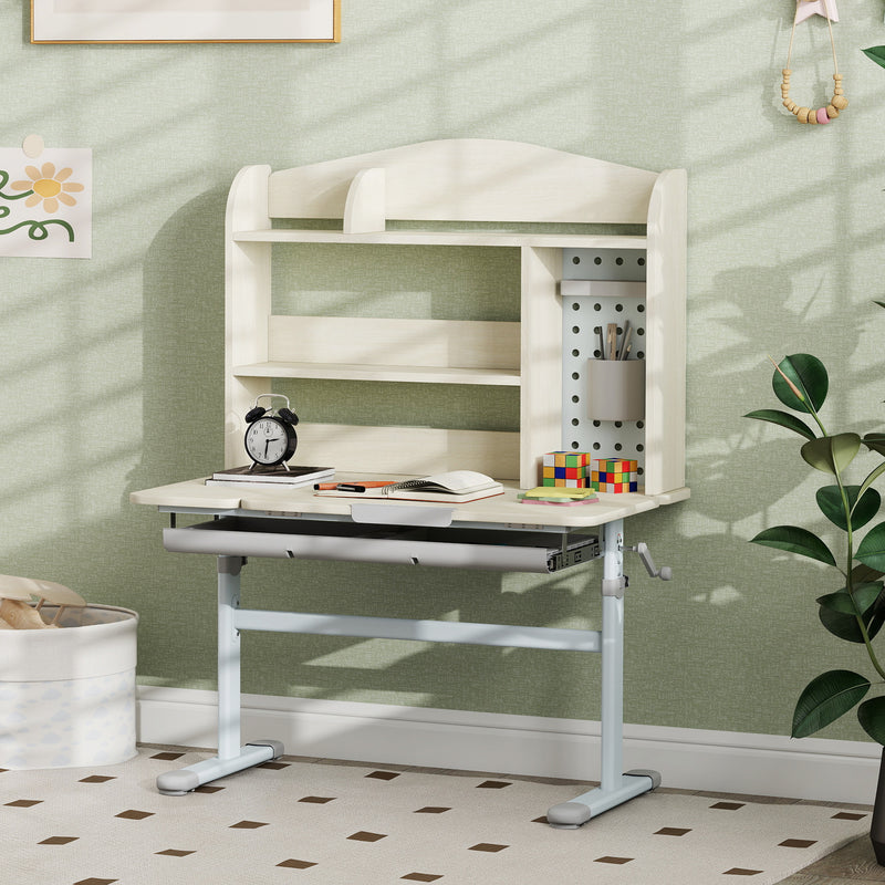 Height Adjustable Kids Study Desk With Tilt Top Storage Hutch And Pegboard Natural AOSOM