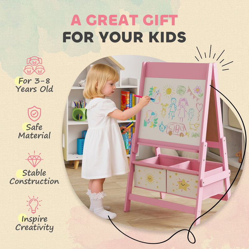 Double Sided Kids Art Easel With Paper Roll And Storage Boxes For Ages 3 To 8, Pink