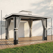 3x3.6m Metal Garden Gazebo with Curtains and Mesh for Shaded Private Outdoor Seating, Light Grey Outsunny