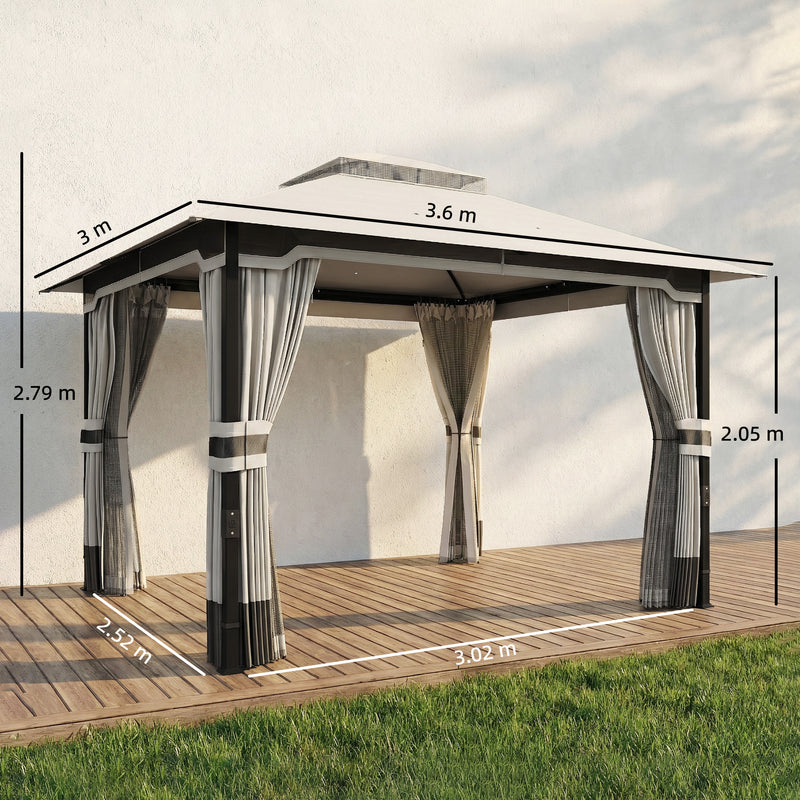 3x3.6m Metal Garden Gazebo with Curtains and Mesh for Shaded Private Outdoor Seating, Light Grey Outsunny