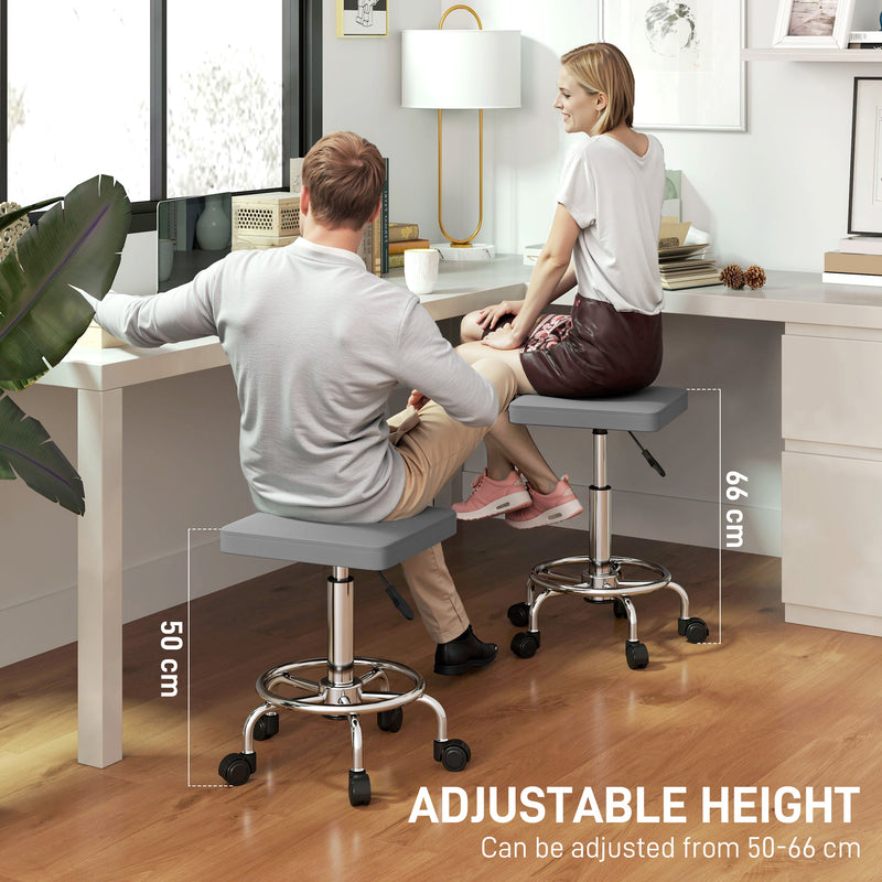 Grey Adjustable PU Leather Rolling Stool with Swivel and Wheels by HOMCOM