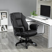 Black Faux Leather Executive Office Chair with White Piping and Padded Armrests