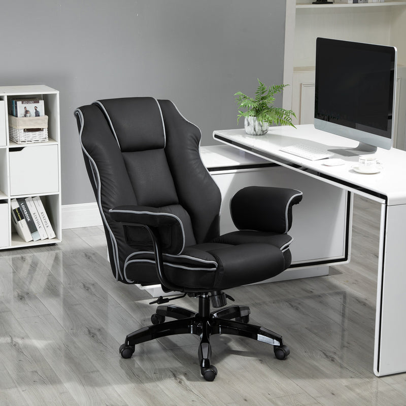 Black Faux Leather Executive Office Chair with White Piping and Padded Armrests