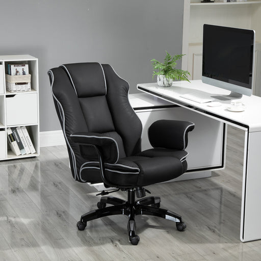 Black Faux Leather Executive Office Chair with White Piping and Padded Armrests
