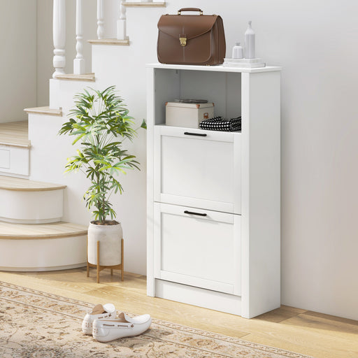 White Narrow Shoe Cabinet with Flip Drawers and Adjustable Shelves for Hallway Storage