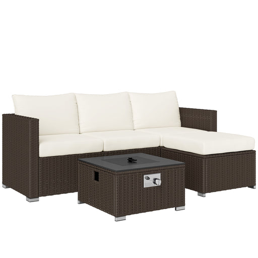 Five Piece Rattan Garden Sofa Set with Fire Pit Table and Footstool Brown