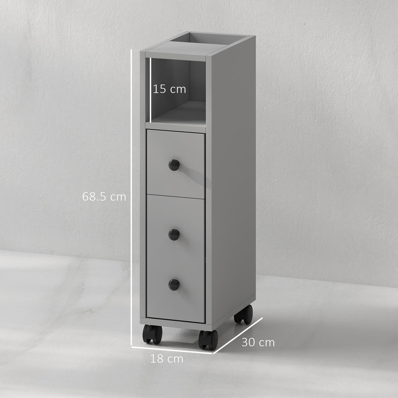 Grey Slimline Bathroom Storage Cabinet with Shelves and Cupboard by kleankin