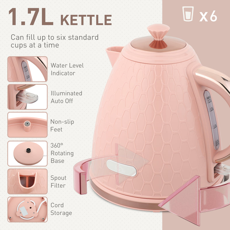 1.7L Fast Boil Kettle and 2 Slice Toaster Set with Auto Shut Off Ideal for Busy Mornings, Light Pink
